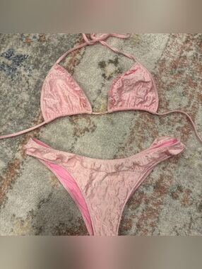 Frankie's Bikinis Women's Pink Ruffle Eyelet Triangle Bikini Set